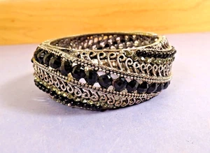 Women's Ladies Silvertone & Black Faceted Rhinestone BRACELET Hinged No Fuss - Picture 1 of 3
