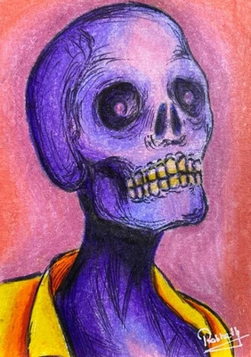 ACEO Colored Pencil Drawing Purple Skull Head Portrait Fantasy Horror Art - Image 1 of 2