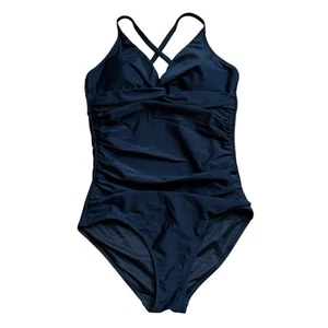 NWT Shaperin Black Swimsuit Tummy Control Ruched Vneck Slimming Large Racerback - Picture 1 of 9