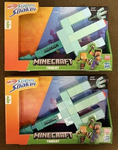 Set Of Two 2 Nerf Super Soaker Minecraft Trident Water Blaster Pull Back Plunger - Picture 1 of 2