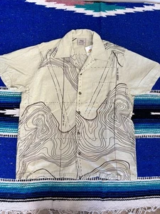 Bodega Shirt Mens Large Cream Camp Collar Topographic Map Print Short Sleeve - Picture 1 of 12