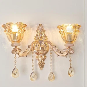 Gold Crystal Vintage Wall Sconces Indoor Light Fixture Bedroom Living Room Decor - Picture 1 of 15