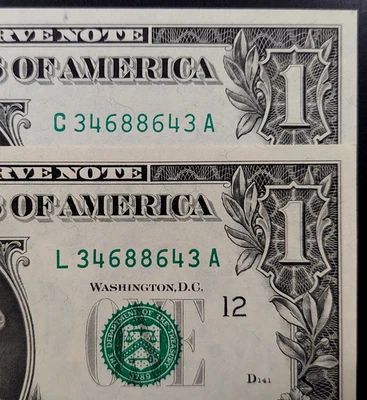 1969 & 1981 $1 FRN with Matching Radar Serial Numbers, 34688643! Unicrculated! - Image 1 of 3