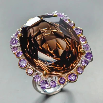 Anillo de cuarzo ahumado natural de 45 quilates con joyería artística de plata de ley 925 talla 9/R444691 Foto 1 de 4