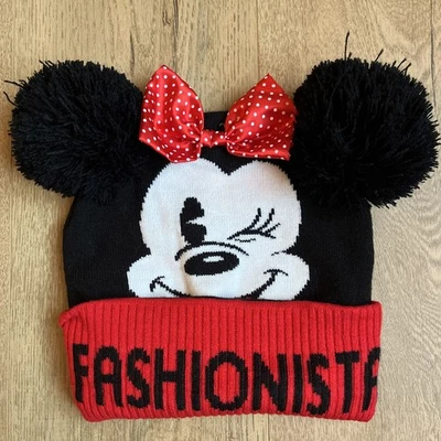 Disney Minnie Mouse Girls Hat One Size FASHIONISTA Pompom Ears Red Bow Knit Cap - Image 1 of 4