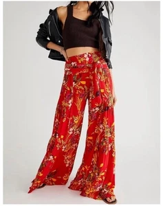 Free People One Aloha bedruckte Hose weites Bein Größe Small zum Binden Boho Palazzo roher Saum - Bild 1 von 7
