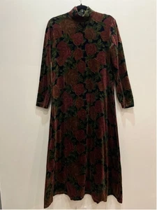 90sVintage Jones Studio Dark Floral Velvet Long Sleeve Dress M Wimsigoth Grunge - Picture 1 of 9