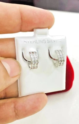 925 Sterling Silver Huggies Hoop Earrings CZ Clip-On Womens Aretes 12x12 Mujer - Image 1 of 4