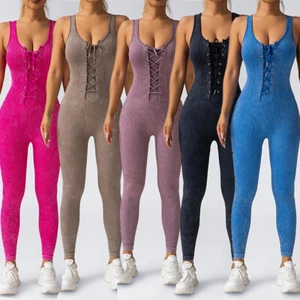 Women Workout Jumpsuit Lace up Front Romper Bottom Pants Bodysuit Sexy One Piece - Picture 1 of 29