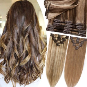CLEARANCE 100% Real Clip in Remy Human Hair Extensions Full Head 130G Thick 8PCS - Picture 1 of 69