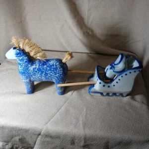 Vintage Eldreth Pottery Santa Sleigh Horse Complete Salt Glaze Cobalt Blue Rare - Picture 1 of 19
