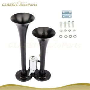 Kit de bocina de aire súper fuerte trompeta doble de metal negro 12V 120DB - Imagen 1 de 13