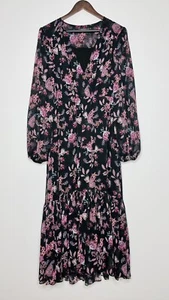 Portmans Size 12 Women's Dress Black Pink Floral Ruffle Tiered Sheer Sleeve Maxi - Picture 1 of 12