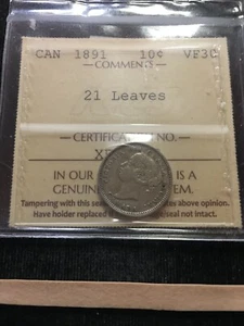 1891  21 Leaves, Obv# 5,   ICCS Graded Canadian,  ¢10 Cent, **VF-30** #XEI 290 - Picture 1 of 7