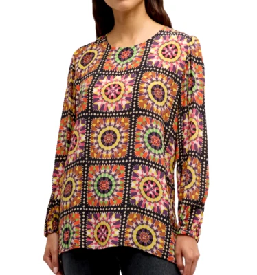 $230 JOHNNY WAS PLUS SZ 1X Fits 2X Too RELAXED FIT LYON TILE PRINT SILK BLOUSE - Image 1 of 4