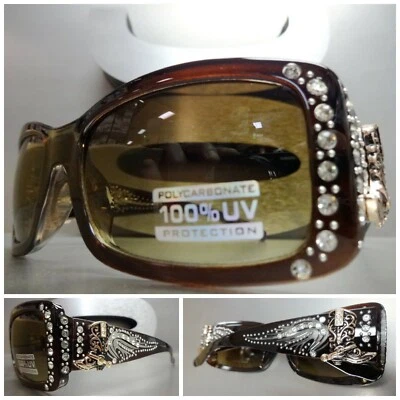 WESTERN Bling Rhinestone COWGIRL SUN GLASSES Brown Frame Rustic Gold Boot Concho - Image 1 of 4
