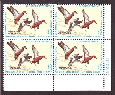 US RW38 $3 Duck Hunting Permit of 1971 Mint Plate #171586louBlock of 4 XF OG NH - Image 1 of 2