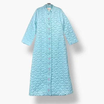 Sears Vintage Quilted Bathrobe Robe Womens 8 Blue Embroidered Flowers 60s 70s - Image 1 of 4