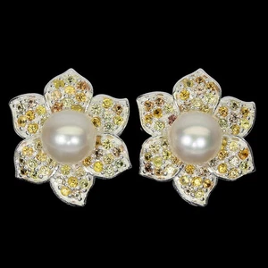 925 Sterling Silver Earrings Round Pearl 10mm Sapphire Flower Gemstone Jewlry - Picture 1 of 13