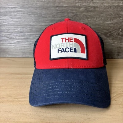 Gorra North Face Snap Back rojo azul malla camionero parche para hombre bandera estadounidense Foto 1 de 4