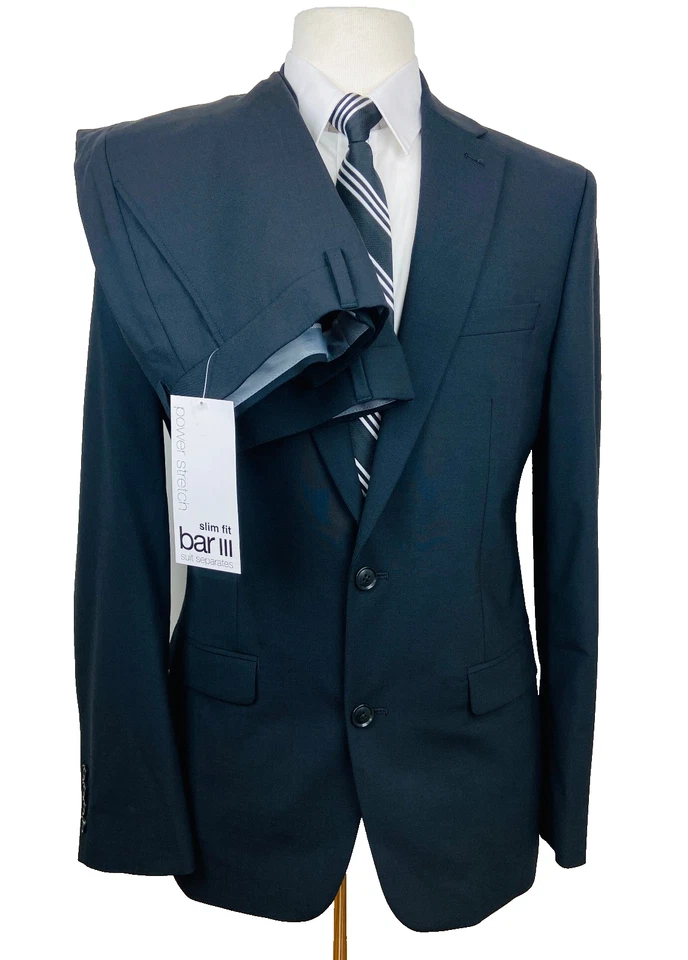 $600 BRAND NEW BAR III Mens 40L Solid Black Slim Fit 2 Piece Suit W/ Pants 34x32 - Image 1 of 4