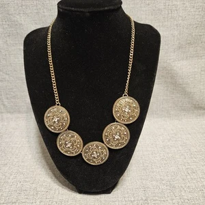 Silver / Gold Tone Medallion Pendant w Rhinestones Necklace  - Picture 1 of 9