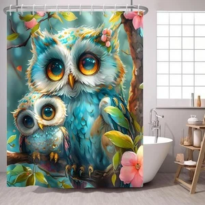 Funny Owl Shower Curtain Pink Flowers Tree Blue 72X72 Inches, - Picture 1 of 6