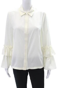 Badgley Mischka Womens Long Ruffled Sleeves Button Down Blouse Natural White Siz - Picture 1 of 7