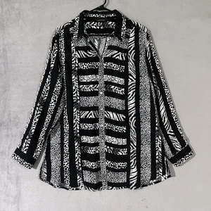 Mehrere seidige Bluse mit Knopfleiste schwarz weiß Damen großes Animalprint & Streifen - Bild 1 von 9