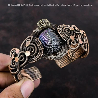 Copper Natural Titanium Coated Shell Wedding New Wire Wrapped Flower Bangle Cuff - Image 1 of 4