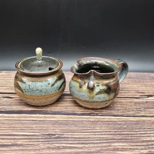 Studio Pottery Creamer & Sugar Bowl Signed Pearson Blue Brown 2pc - Picture 1 of 11