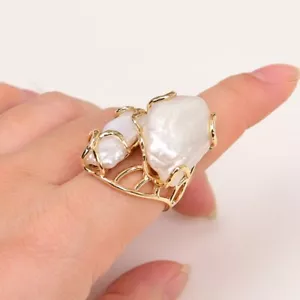 Anillos de perlas Biwa blancas cultivadas Keshi enchapados en oro anillo ajustable para dama - Imagen 1 de 13