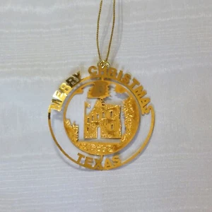 Merry Christmas Texas Alamo Dangle Gold Toned Cut 3D Punched Metal Ornament  - Picture 1 of 5