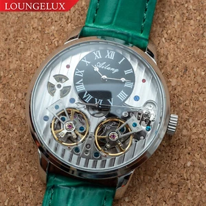 Mens Double Flywheel Automatic Mechanical Watch Silver Black Dial Green Leather - Picture 1 of 12