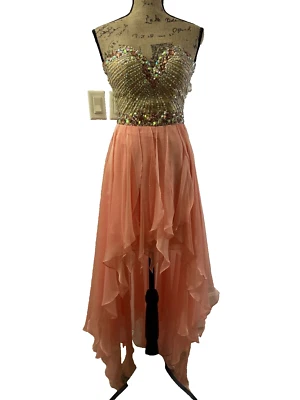 SHERRI HILL Coral Pink Nude High Low Gown Dress Sz 00 Rhinestone Whimsical Fairy - Image 1 of 4
