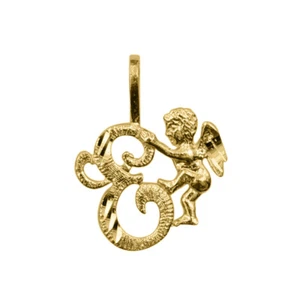 Genuine 14k Yellow Gold 0.59" Cherub and Cursive Script Initial Letter E Pendant - Picture 1 of 5