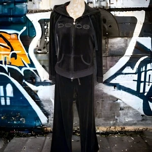Bebe Y2K Black Velour Tracksuit Y2k Rhinestones Bedazzled Low Rise Paris Style - Picture 1 of 8