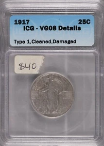 1917 Standing Liberty Silver Quarter ICG VG-8 Details Type 1-Cleaned-Damaged - Picture 1 of 2
