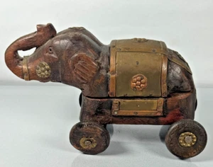 Vintage Wooden Brass/Copper Indian Temple Elephant Toy/Trinket Box On Wheels - Picture 1 of 14