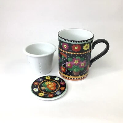 Primrose by Department 56 Tea Cup Infuser Lid Pattern Black Band Floral 8oz - Image 1 of 4