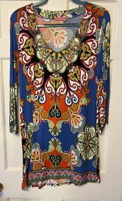 NEW Joyous & Free Beaded Rayon Spandex Stretch 3/4 Sleeve Mini Tunic Dress XL - Image 1 of 4