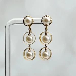 Vintage 14K Yellow Gold Triple Link Cultured Pearl Dangle Screw Back Earrings - Picture 1 of 4