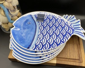 Nautica MELAMINE Blue Fish Shaped 12" x 9" Large Dinner Plates (SET OF 6) NEW - Picture 1 of 10