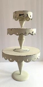 RARE Vintage White Galvanized Steel 3-Tier Cake Stand Pedestal W/ Scalloped Edge - Picture 1 of 8