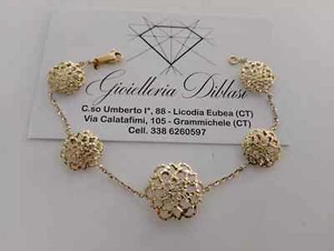 18K YELLOW WHITE GOLD SQUARE ROLO THIN BRACELET, 7.5" ROUND FLOWERS ITALY MADE - Picture 1 of 11