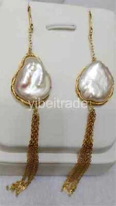 16-18mm white baroque South Sea Pearl 14k gold tassel long earrings - Picture 1 of 1