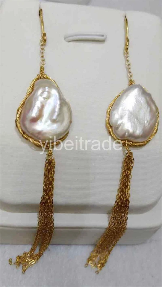 16-18 мм белый барокко Южных морей жемчуг 14k золото кисточки длинные серьги - Изображение 1 из 1