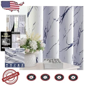 100% Blackout Marble Design Curtains - 96" Length 2 Panels, Dark Blue Elegance - Picture 1 of 11