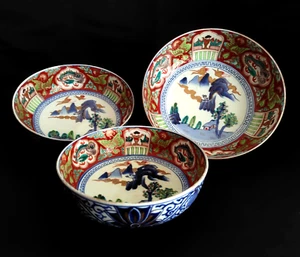 Old Imari Large Bowl Set of 3, Dragon, Japanese Antique Ceramic Tableware curio - Picture 1 of 24