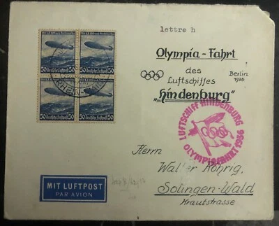 1936 Frankfurt Germany Hindenburg Zeppelin Olympics Cover LZ 129 To Solingen - Image 1 of 2